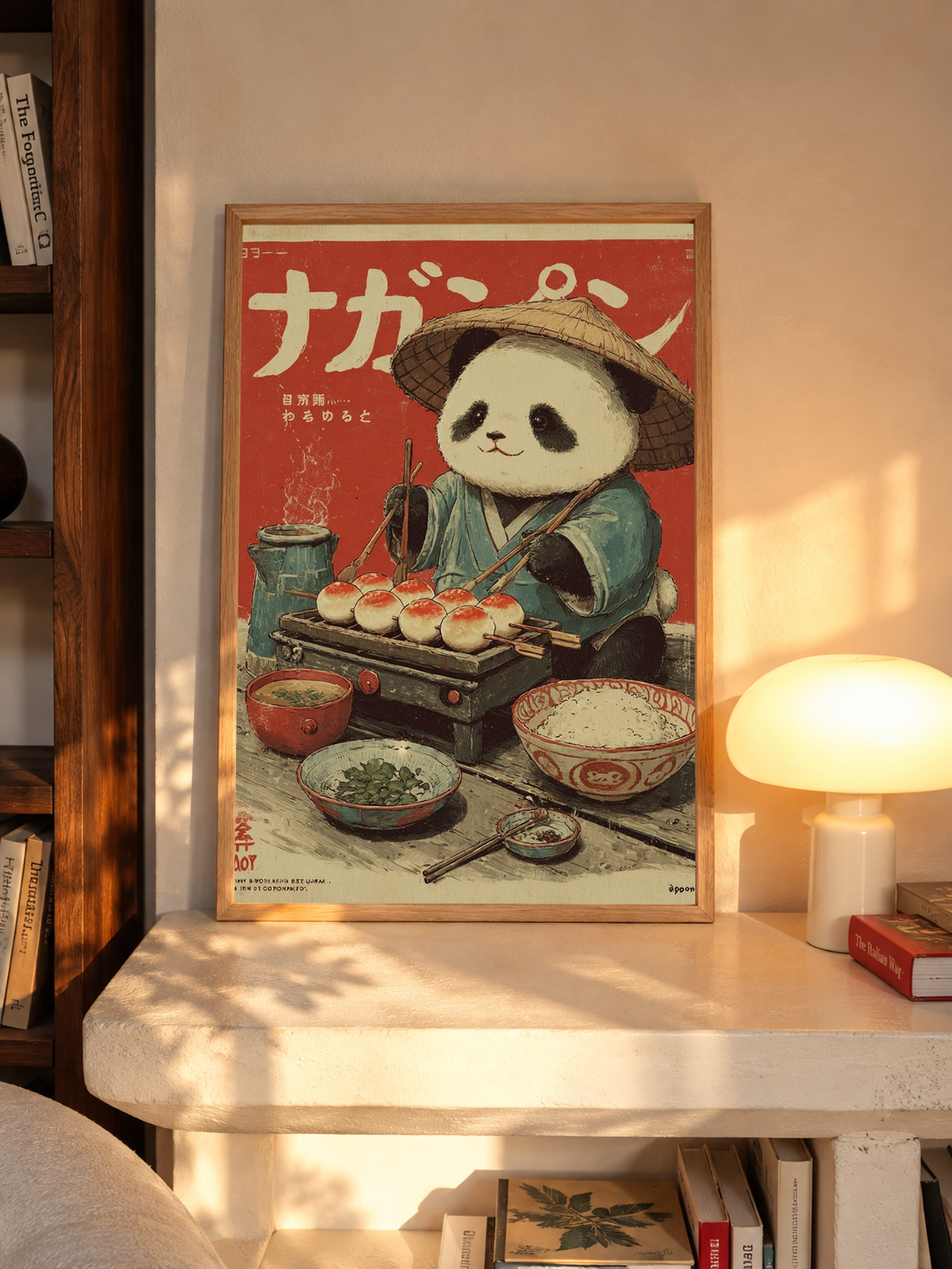 Framed panda art print: panda chef in hat cooking, red Japanese-style poster