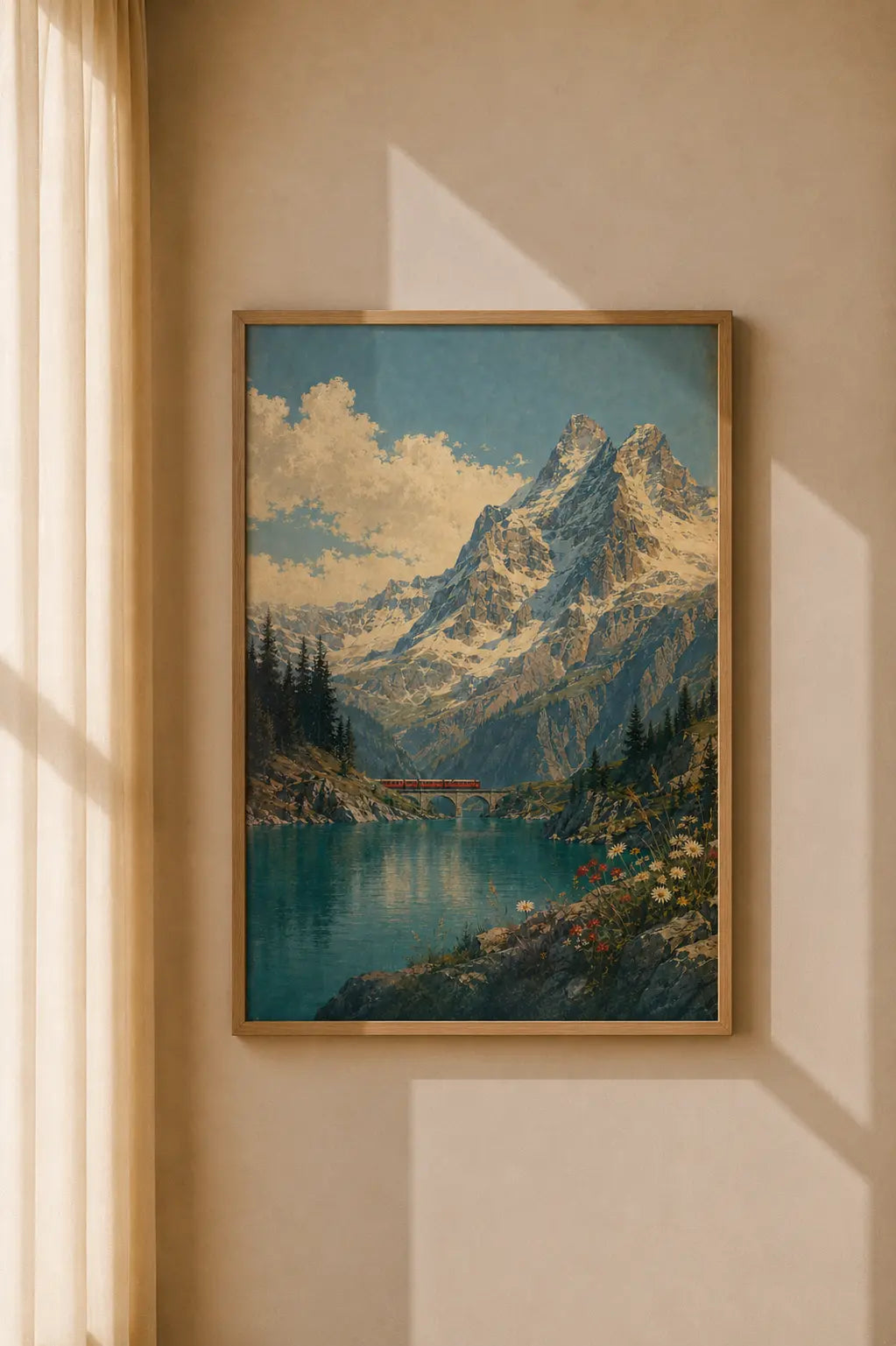 Wood-framed mountain lake art print with snowcapped peaks, bridge, and pine forest