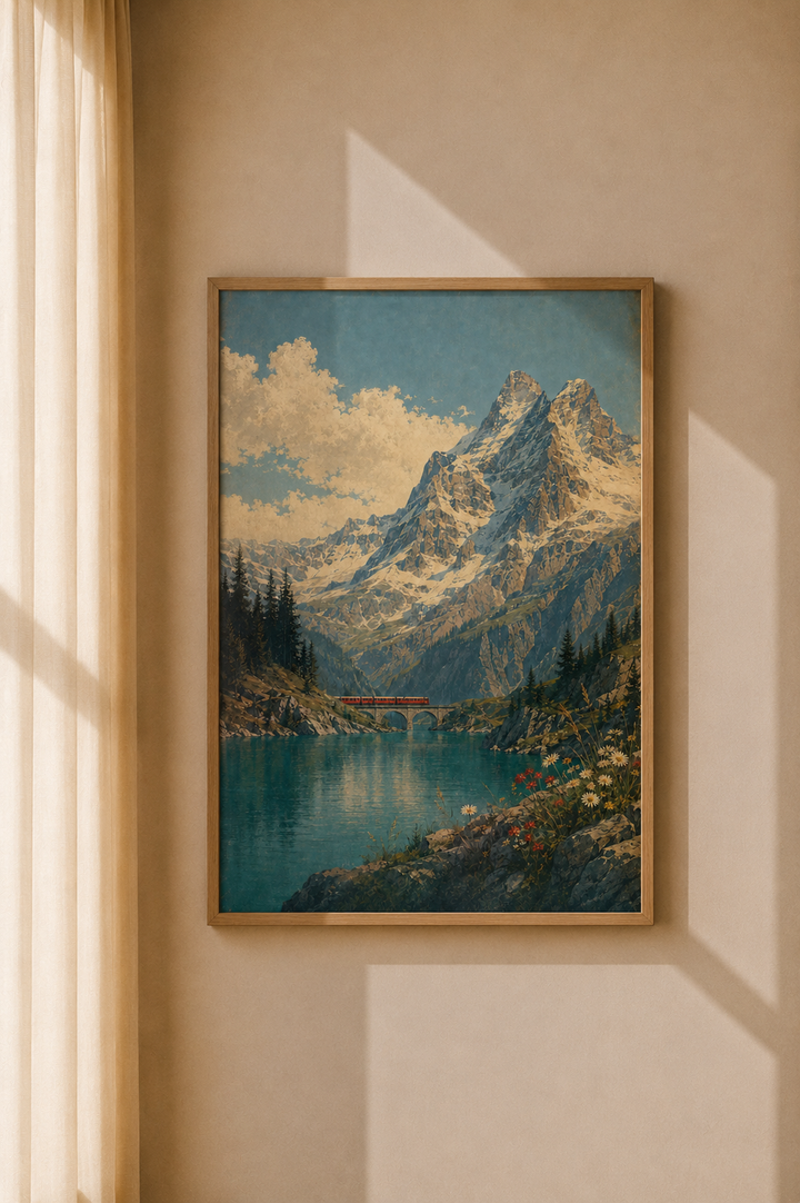 Alpine Lake Mountain Art Print displayed as scenic nature wall art in a warm modern interior