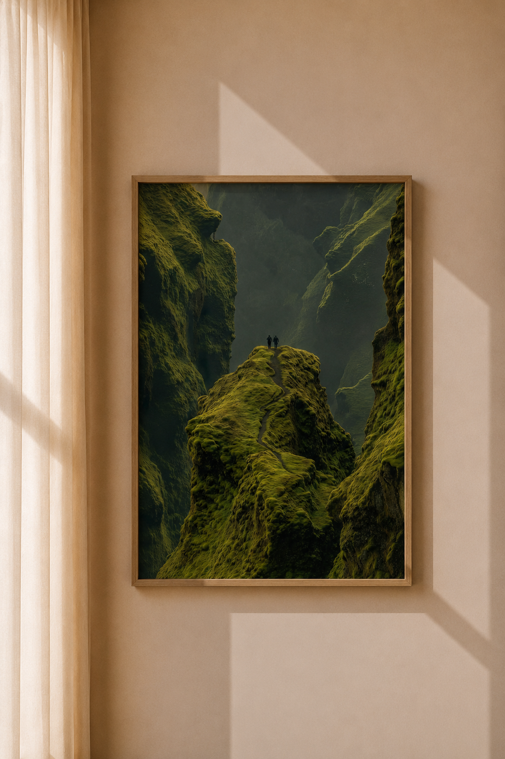 Misty Green Valley Art Print displayed as dramatic nature wall art in a warm contemporary interior