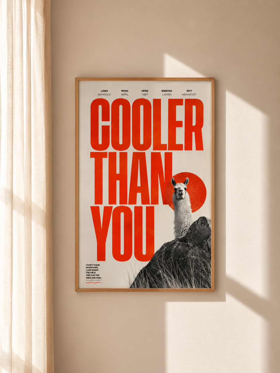 Wood-framed wall art with red "COOLER THAN YOU" text and llama on rocks
