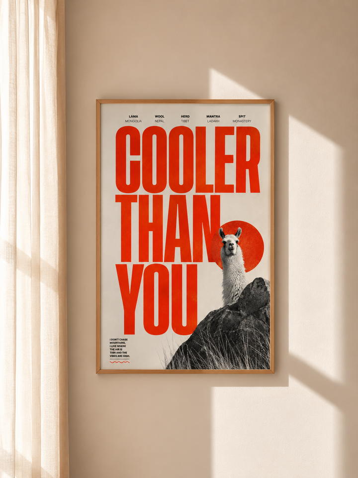 Wood-framed wall art with red "COOLER THAN YOU" text and llama on rocks