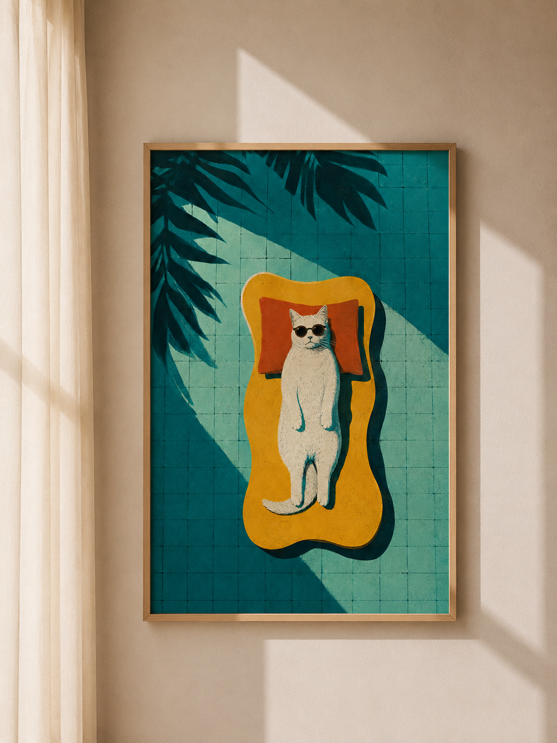 Framed cat art print with teal background, orange abstract mat, and sunglasses cat
