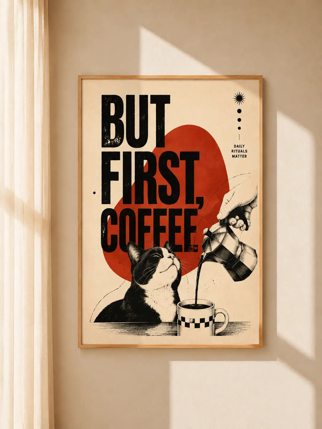 Oak-framed wall art poster with cat, coffee mug, and 'But First Coffee' typography