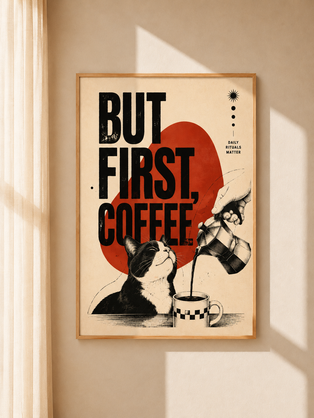Oak-framed wall art poster with cat, coffee mug, and 'But First Coffee' typography