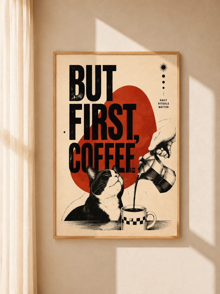 Oak-framed wall art poster with cat, coffee mug, and 'But First Coffee' typography