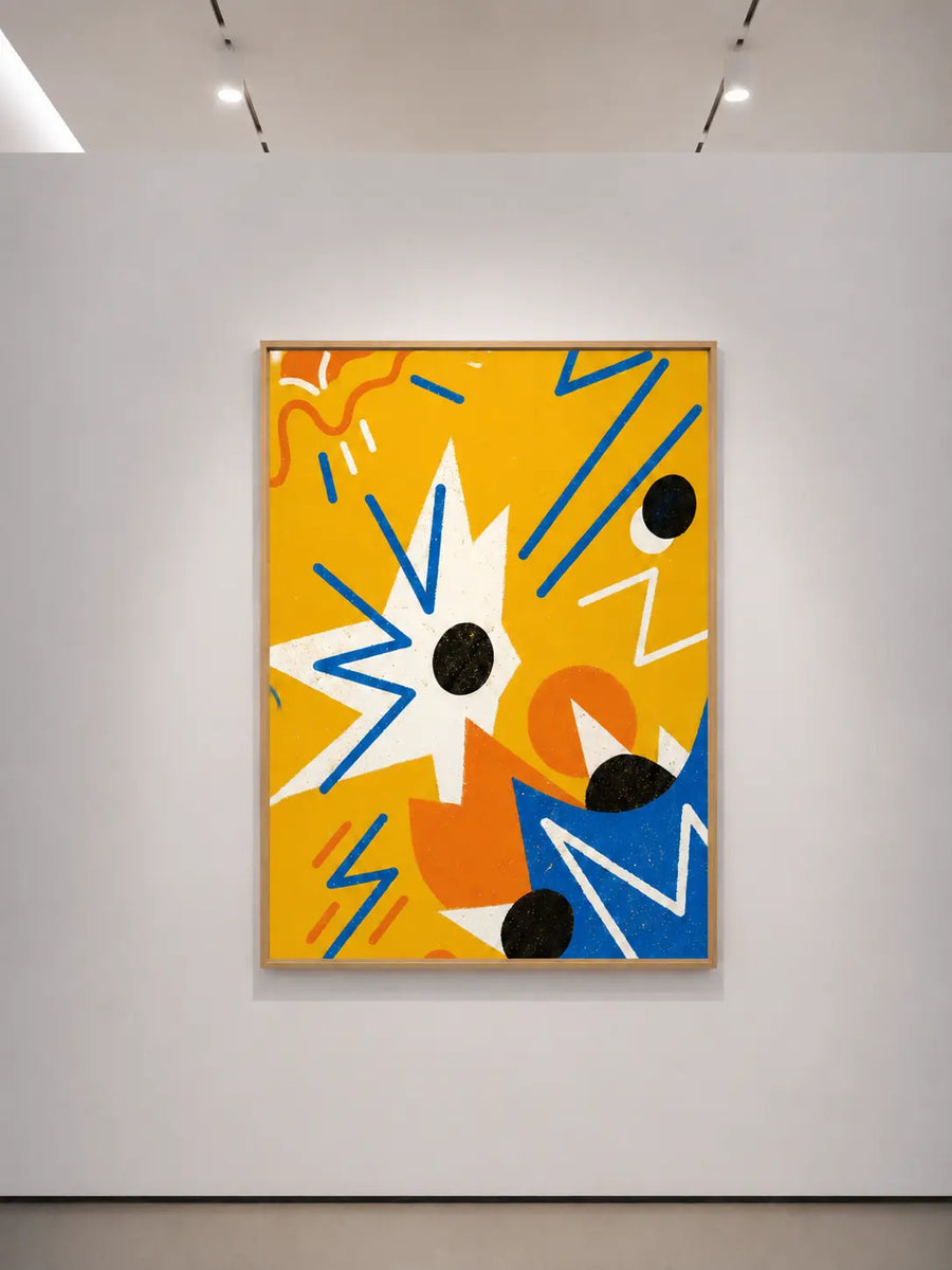 Memphis arte mural con estrella radial amarilla, formas abstractas azules y naranjas, puntos negros y marco marrón