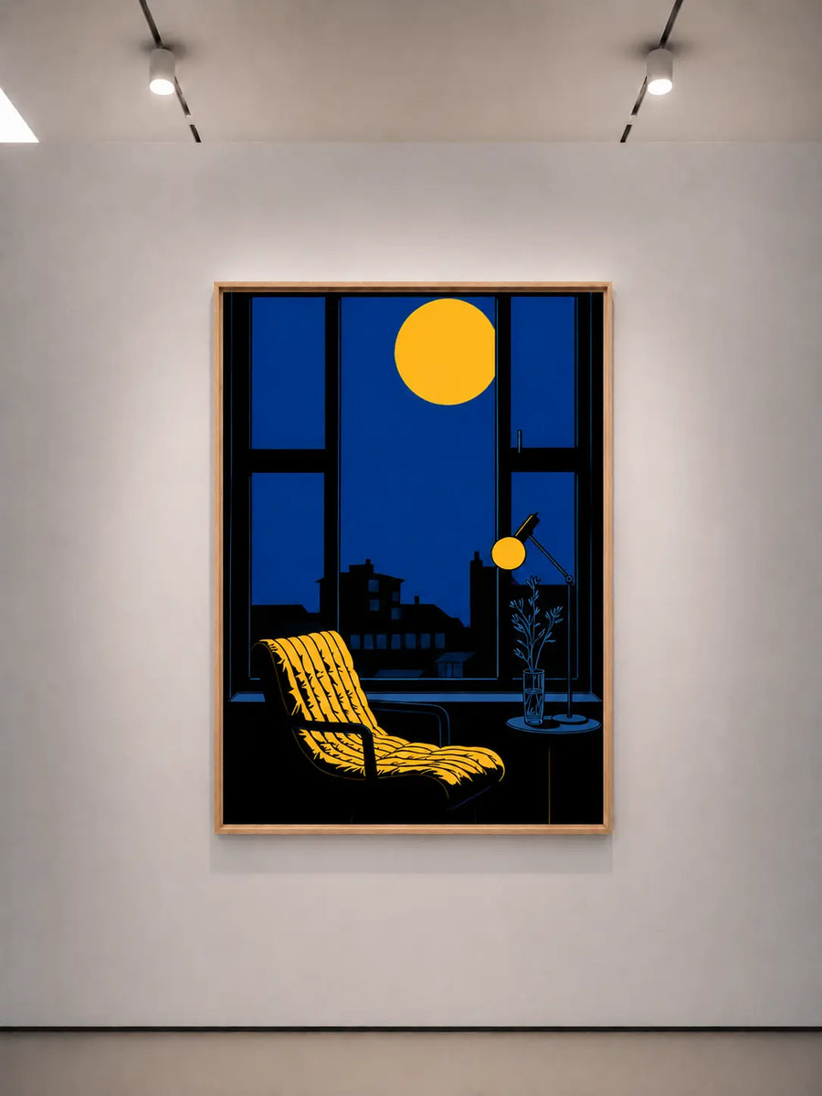 Impresión de arte mural con marco blanco pequeño, que muestra una ventana nocturna azul, una luna amarilla y una silla