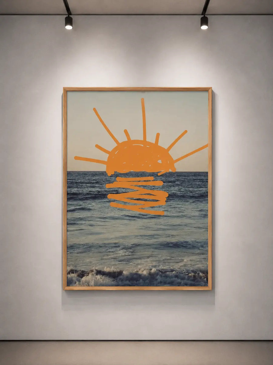Framed art maritime encadré avec icône soleil orange et reflets des vagues sur mer bleue
