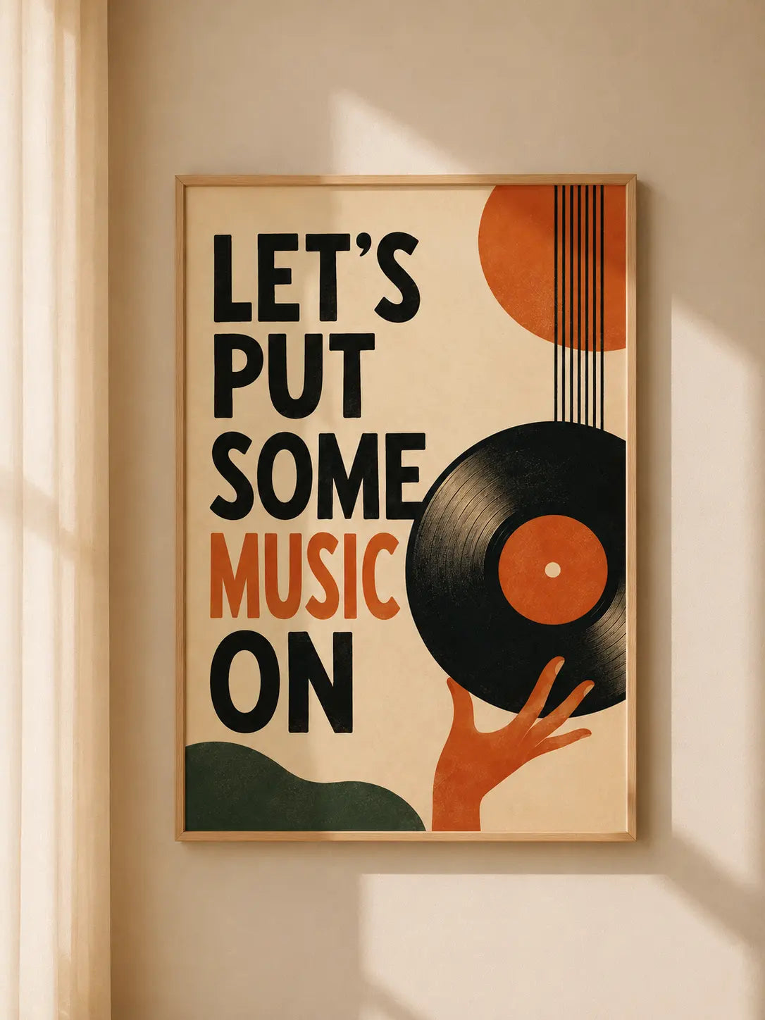 Wood-framed music-themed paper poster with vinyl record and 