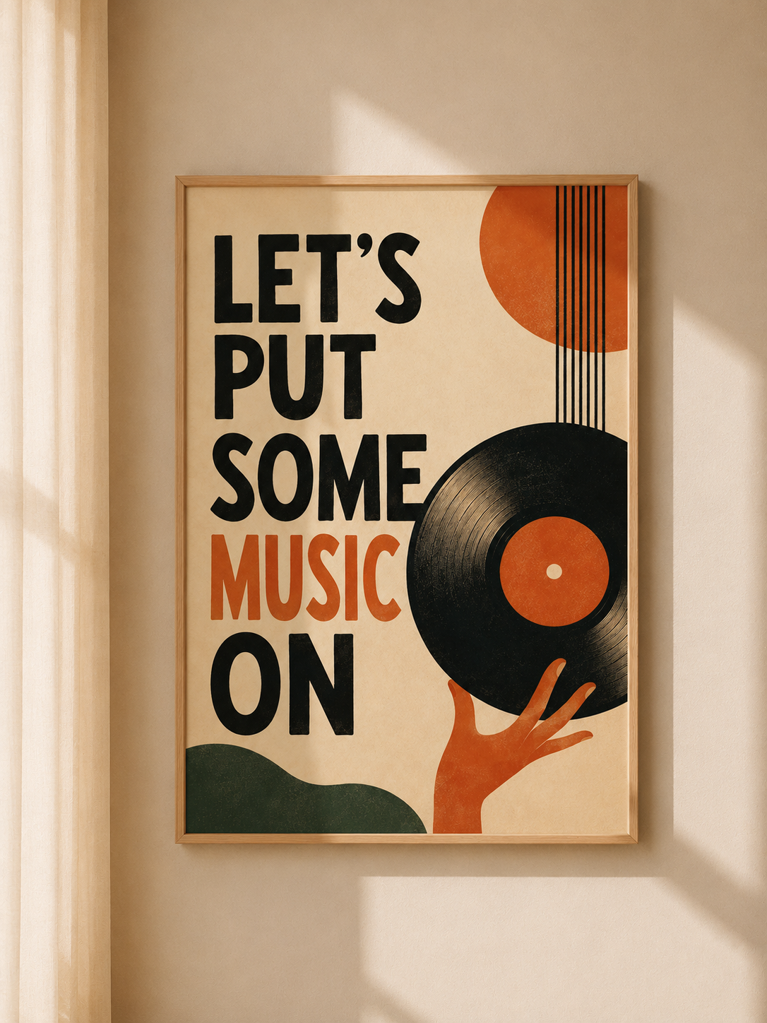 Wood-framed music-themed paper poster with vinyl record and "LET'S PUT SOME MUSIC ON"