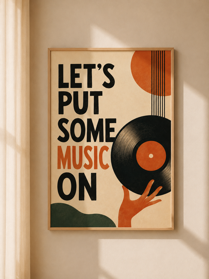 Wood-framed music-themed paper poster with vinyl record and "LET'S PUT SOME MUSIC ON"