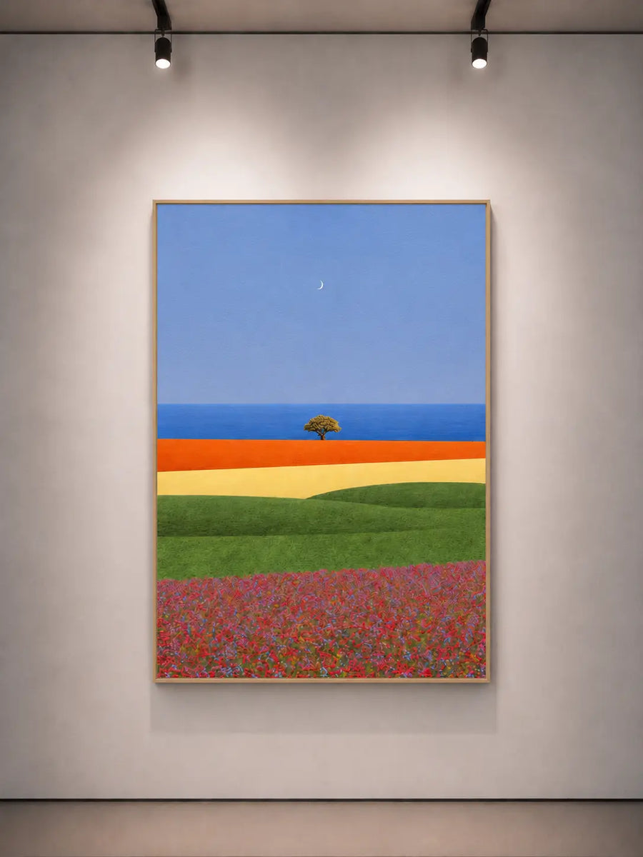 Gerahmter Landschaftsdruck mit blauem Himmel, Ozean und grünen, orangefarbenen und roten Farbbändern