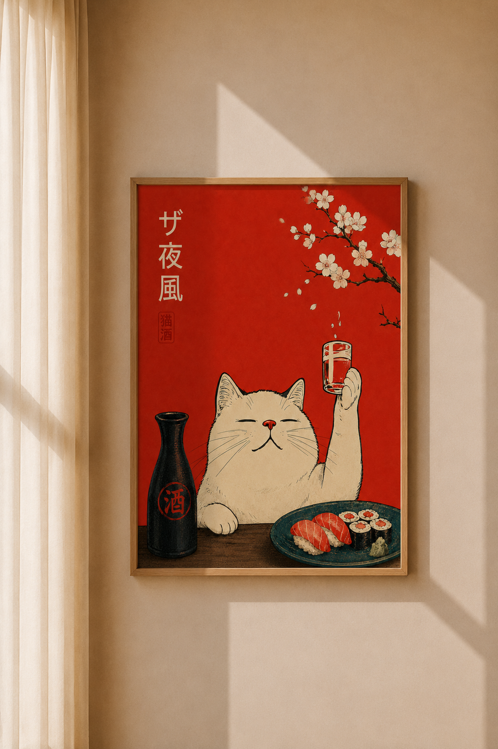 Japanese Cat Ramen Art Print displayed as bold red wall art in a bright modern living space