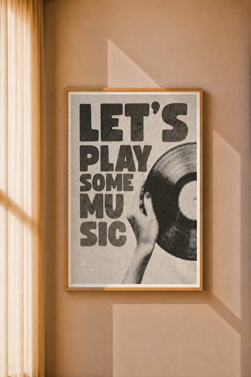 Music Typography Art Print displayed as black and white wall art in a warm modern interior