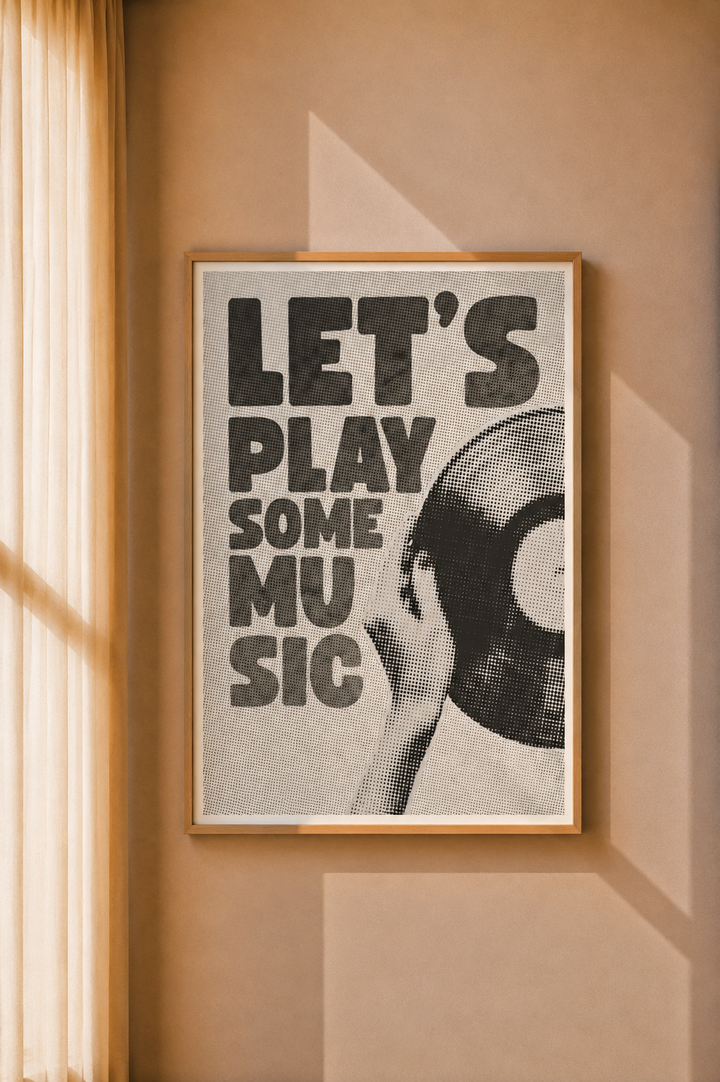 Music Typography Art Print displayed as black and white wall art in a warm modern interior