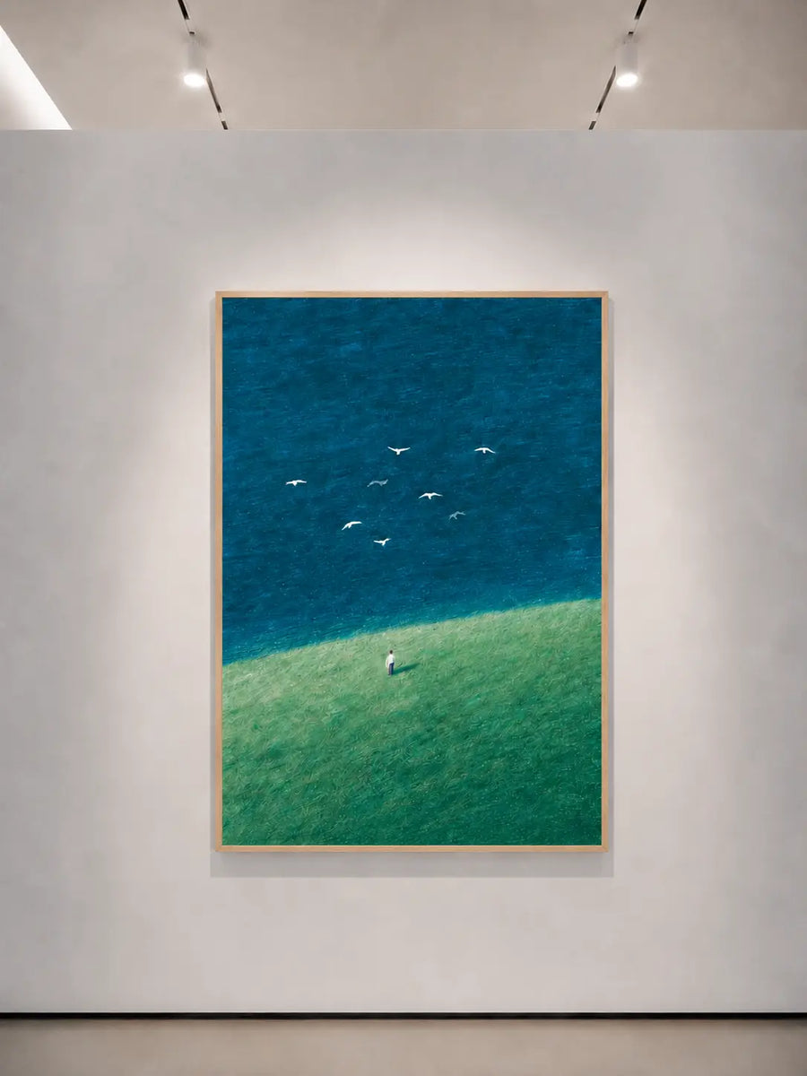 Lámina de arte de pared con marco de madera, mar azul, colina verde y bandada de pájaros