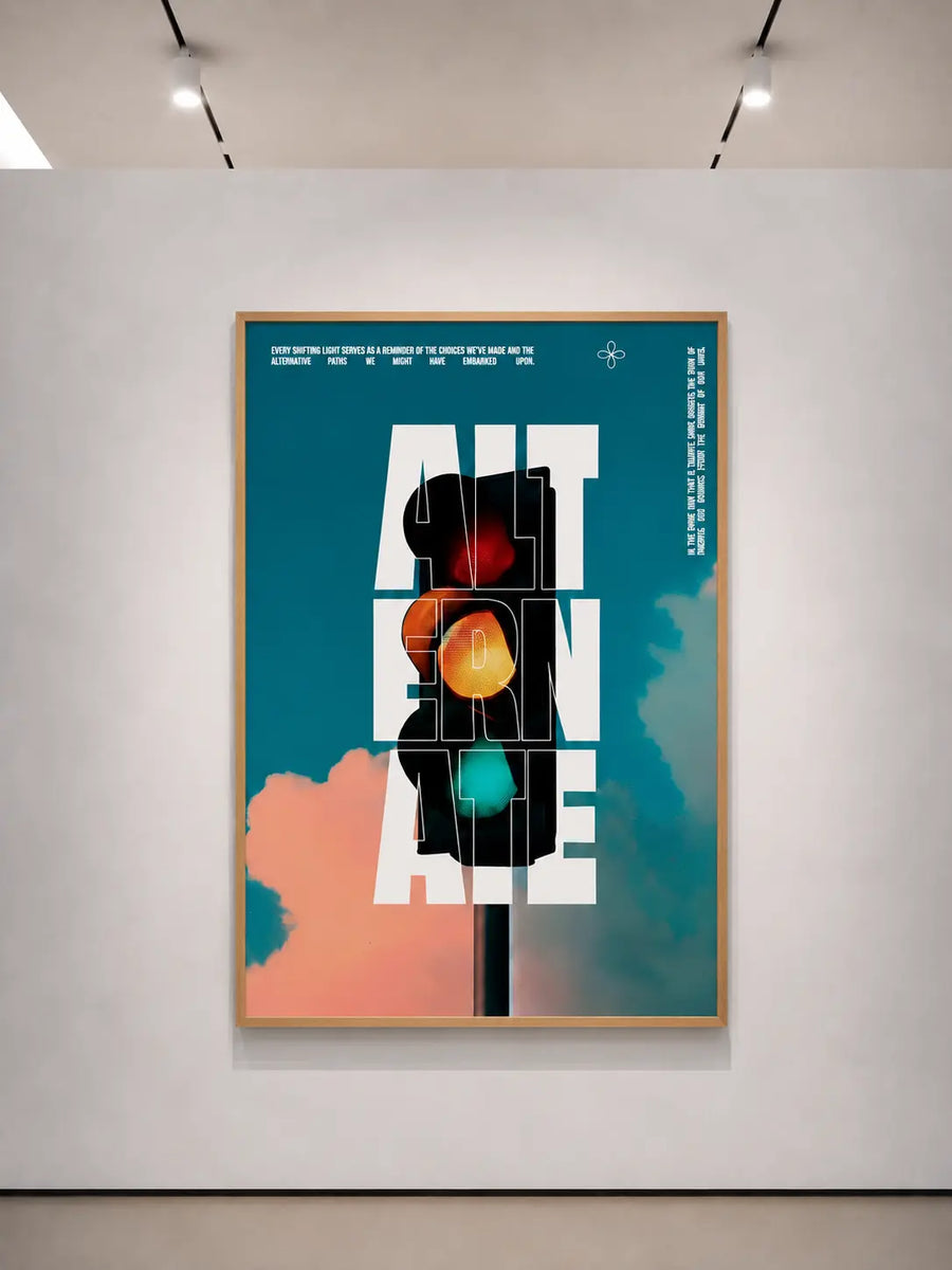 Póster en lienzo abstracto enmarcado de color verde azulado con bloques negros en capas y acentos naranja rojizo y verdes