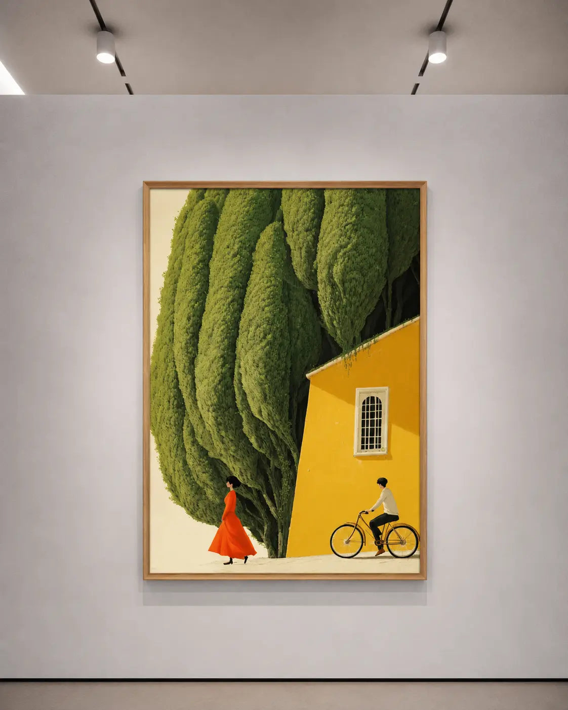Oak-framed print with green tree canopy, yellow wall, orange figure, and cyclist on a bicycle