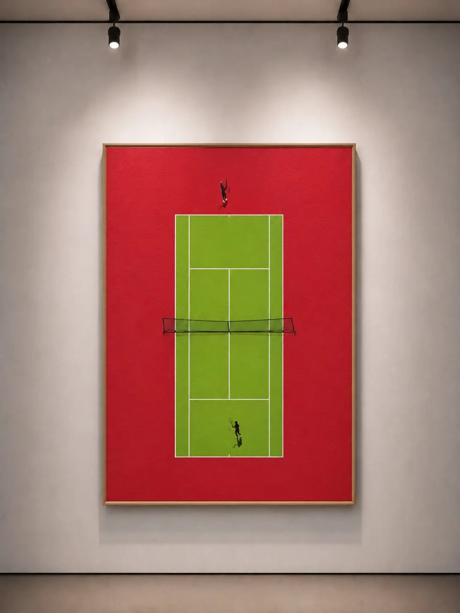 Obra de arte de una pista de tenis con marco rojo, zona de juego verde y siluetas negras de jugadores