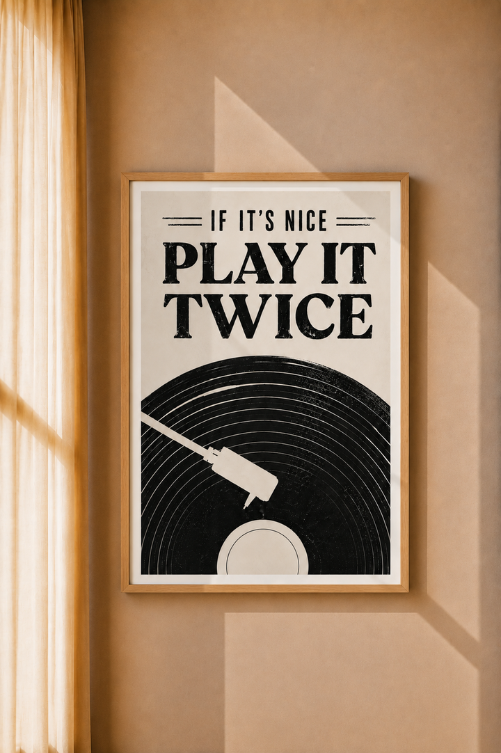Play It Twice Music Art Print displayed as black and white music wall art in a warm modern interior
