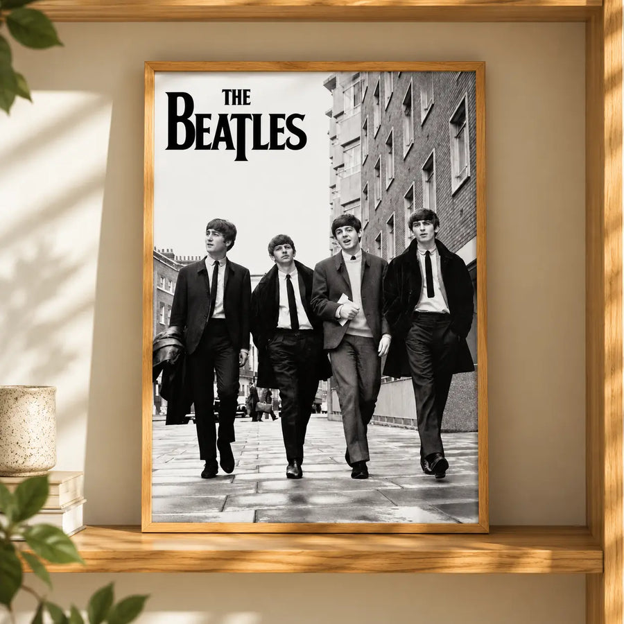The Beatles Black and White Music Legends Poster displayed in a thin natural oak frame in a warm modern interior