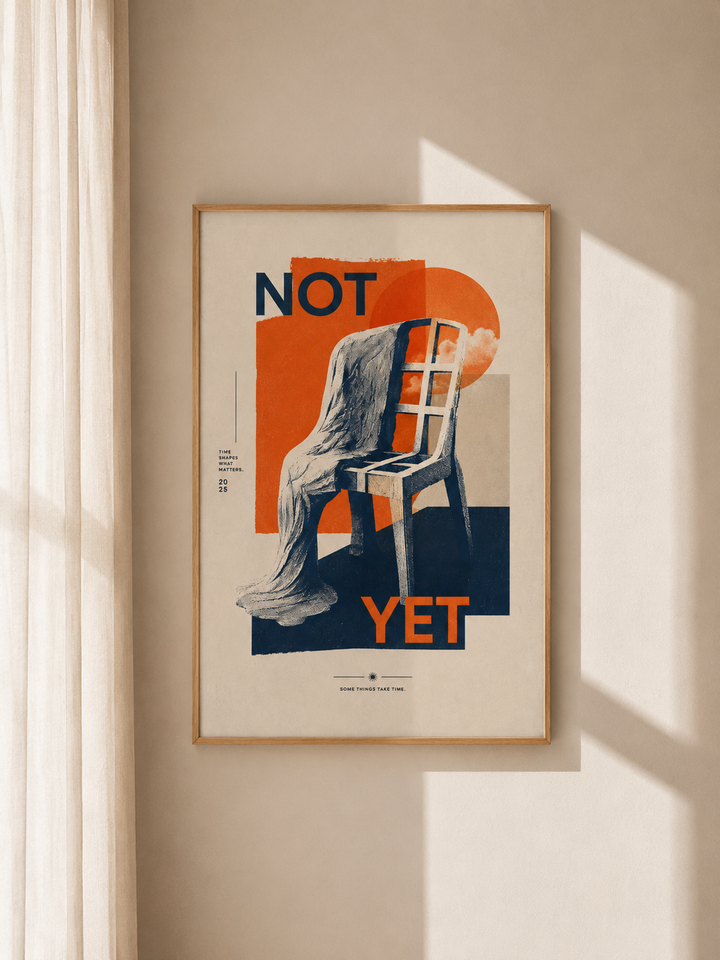 Framed retro wall art poster with abstract chair and “NOT”/“YET”, natural wood frame