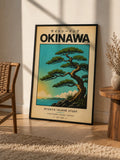 Okinawa Japanese art print in black frame with evergreen tree and ocean shoreline