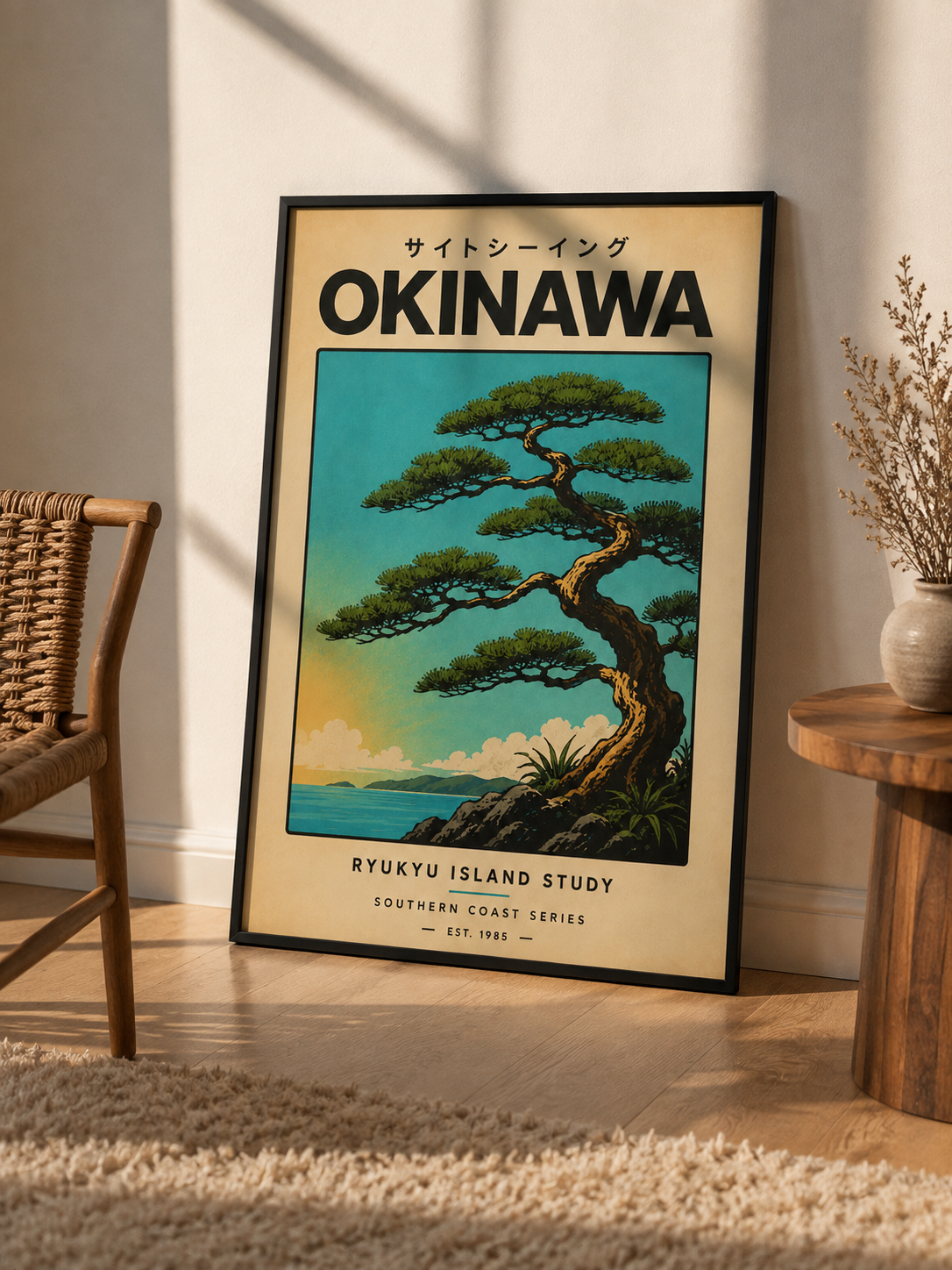Okinawa Japanese Art Print featuring a sculptural pine tree overlooking turquoise coastal scenery