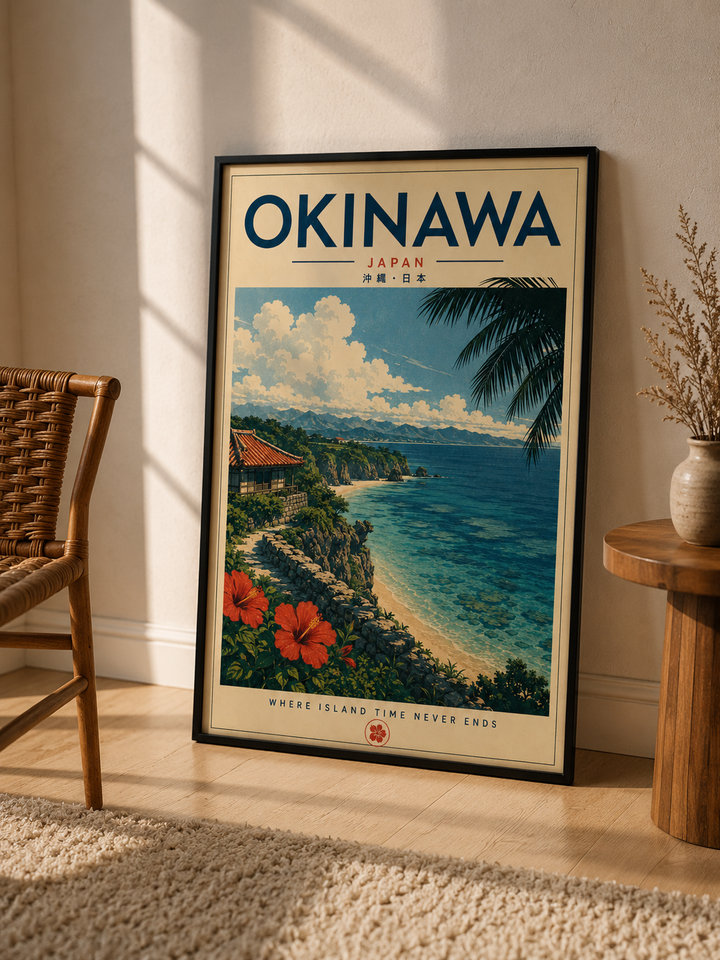 Okinawa Coastal Art Print featuring with premium black frame  blue ocean scenery, lush greenery and red floral details