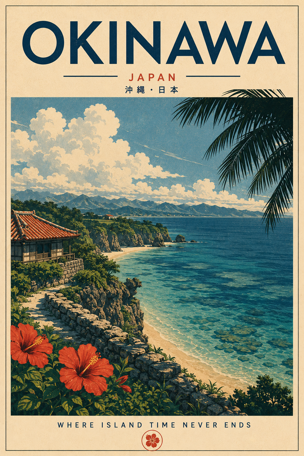 Okinawa Coastal Art Print shown as an unframed paper poster featuring turquoise ocean, red flowers and Japanese coastal scenery