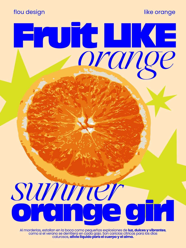 Fruit orange poster close-up with green stars, large orange slice graphic, blue 'orange' text