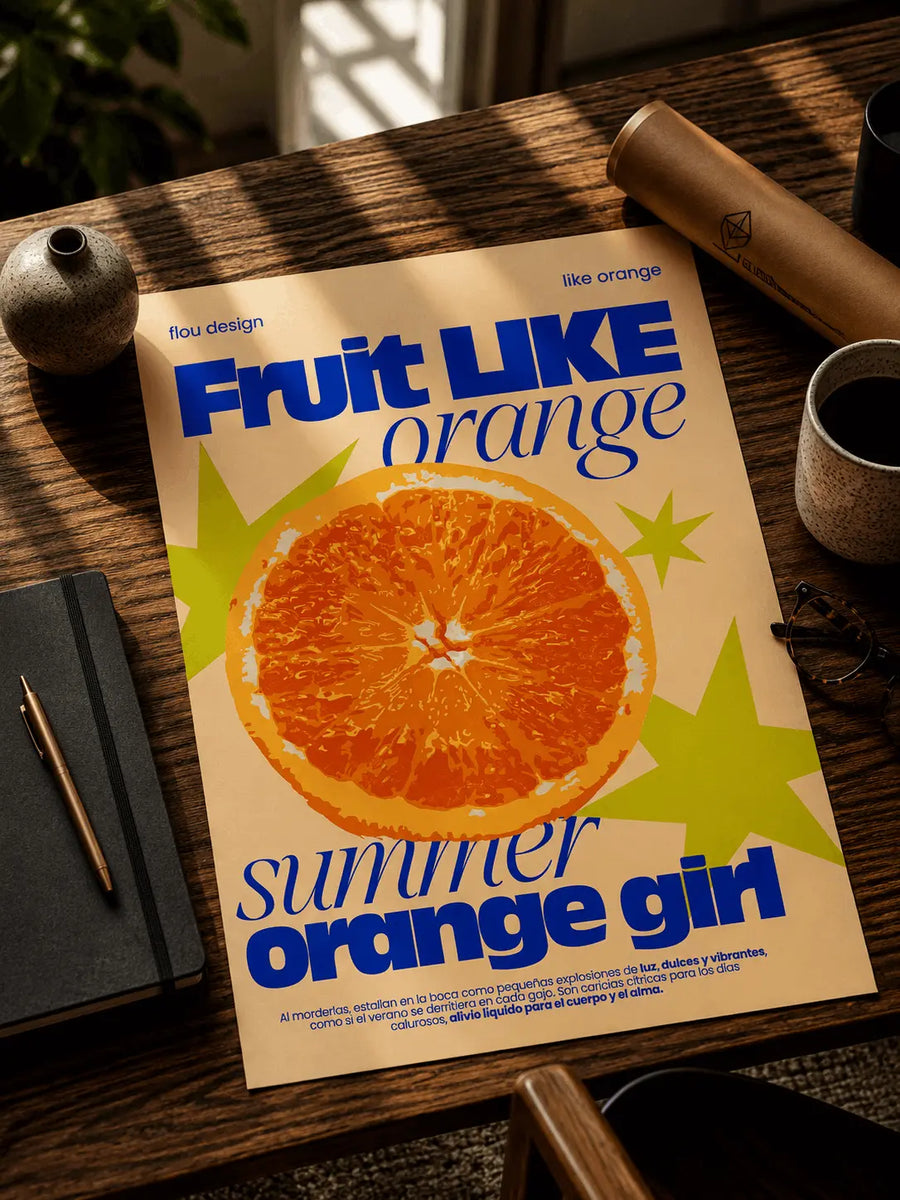 Orange fruit wall poster with green star accents and blue title text, sliced orange