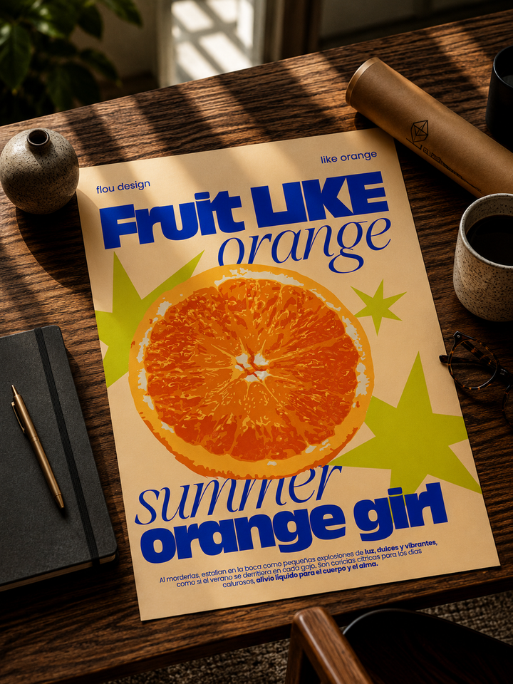 Orange kitchen poster with orange slice artwork and blue fruit lettering.