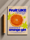 Orange fruit-themed wall poster with blue lettering, orange circle graphic, green stars