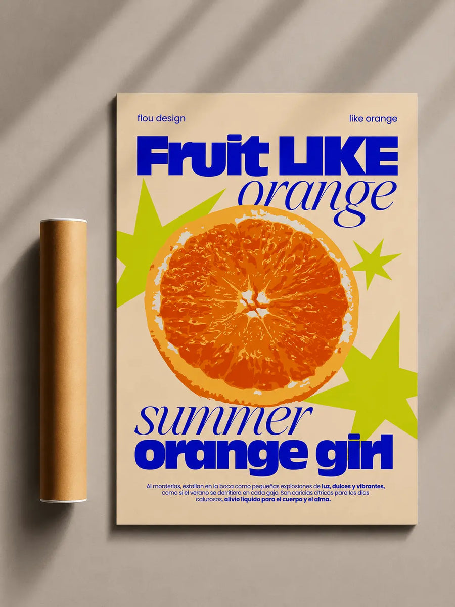 Orange fruit-themed wall poster with blue lettering, orange circle graphic, green stars