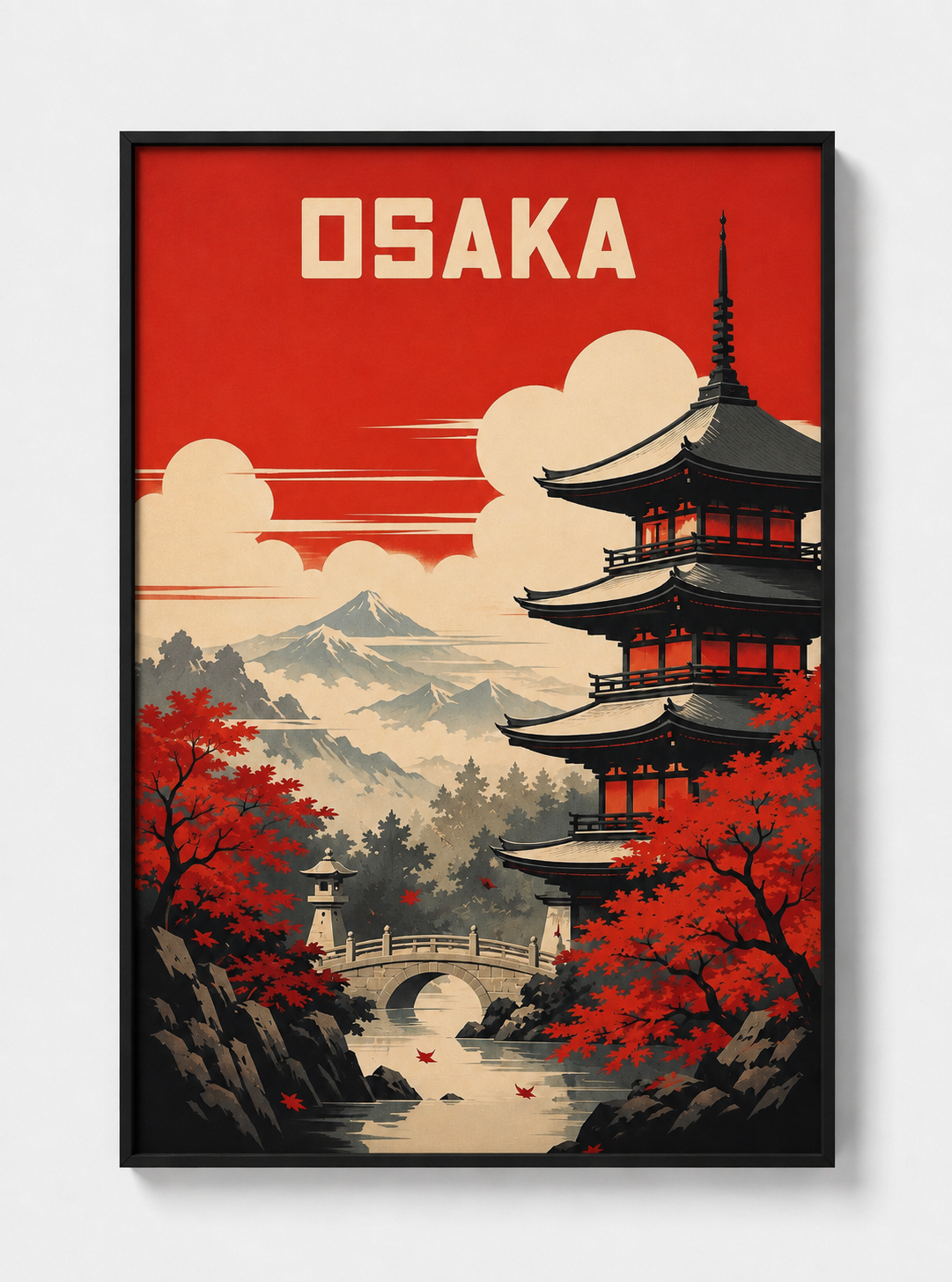 Framed Osaka city art print with red sky, pagoda, Mount Fuji, and red autumn foliage