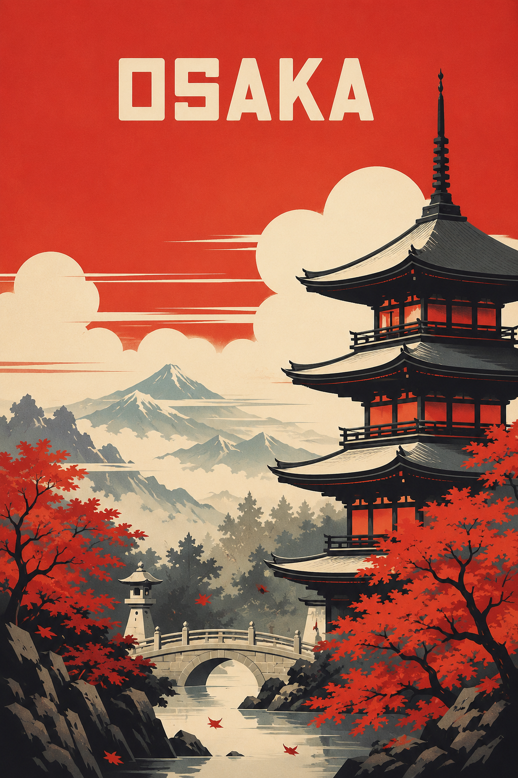 Close-up of Osaka art print showing red sky, pagoda, Mount Fuji, and autumn trees