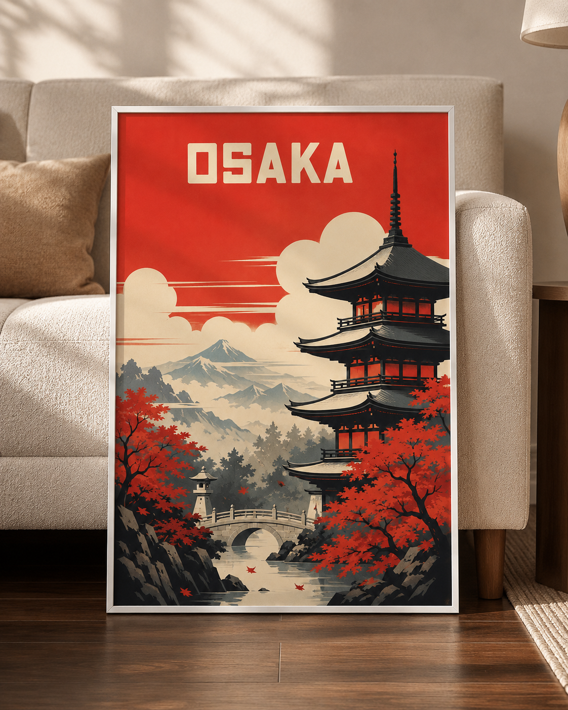 Framed vertical Osaka city art print with red sky, pagoda, bridge, mountains and autumn trees
