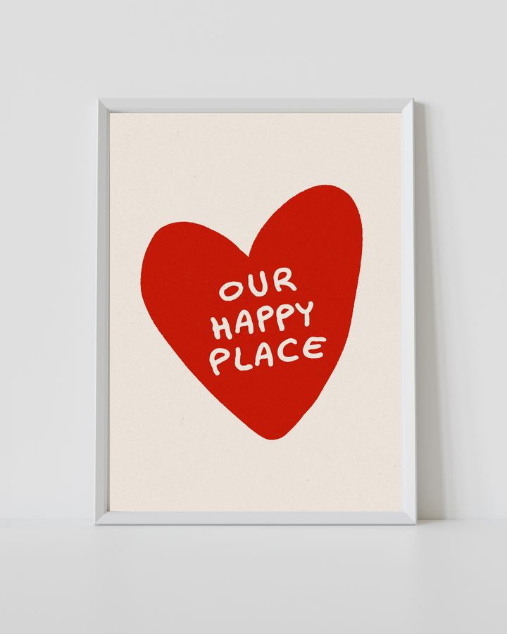 Romantic heart print in a white frame with red hearts and “Our Happy Place” text