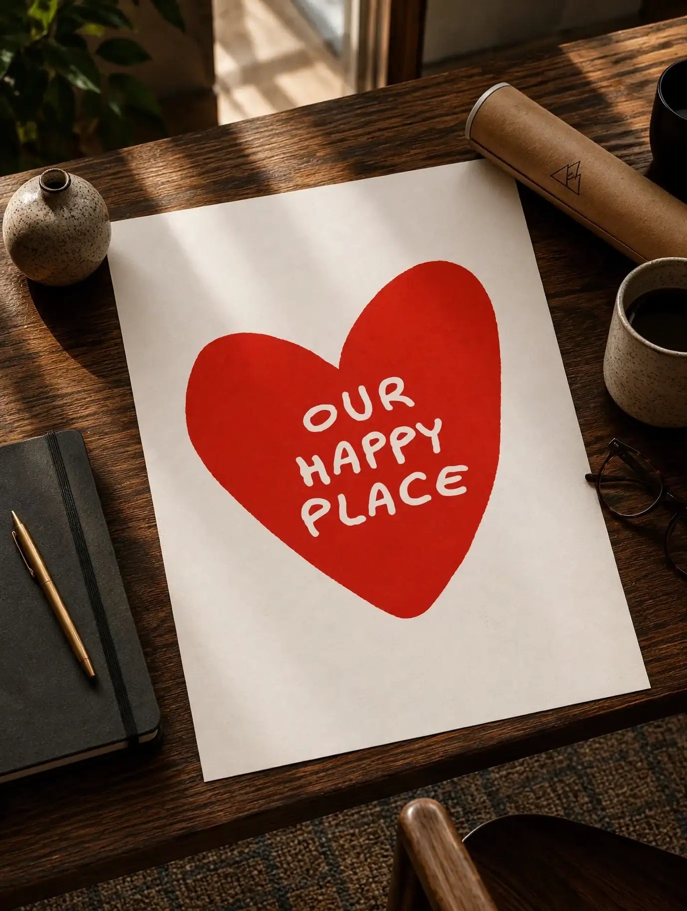 Romantic wall print showing red heart with 'Our Happy Place' lettering on white sheet