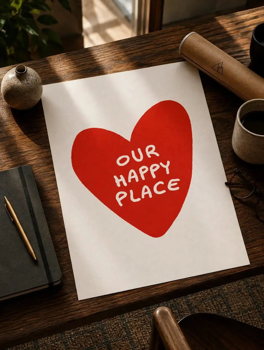 Romantic wall print showing red heart with 'Our Happy Place' lettering on white sheet