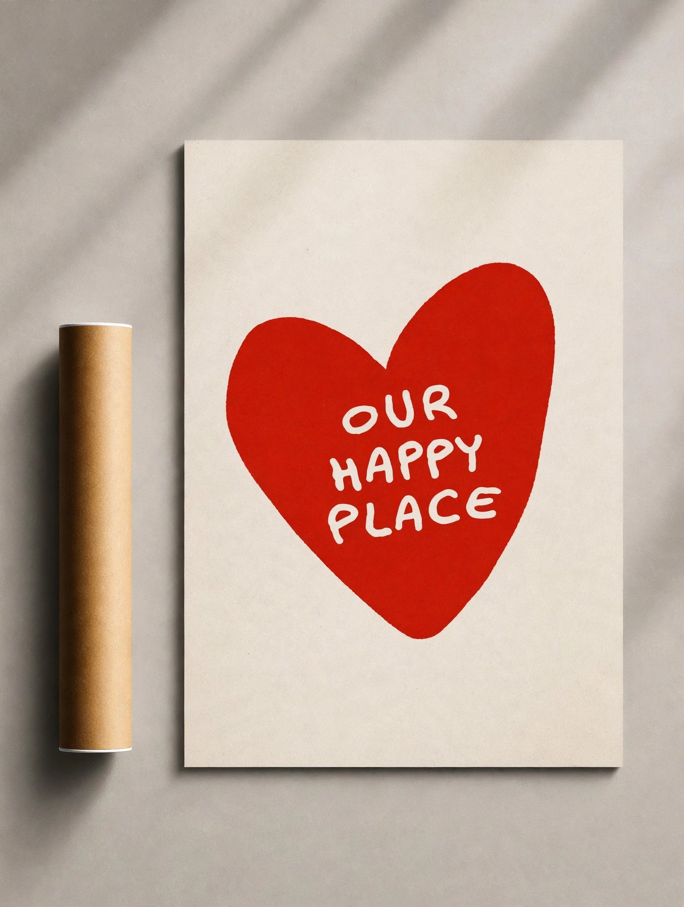 Romantic heart wall art poster with red hearts and white “Our Happy Place” text