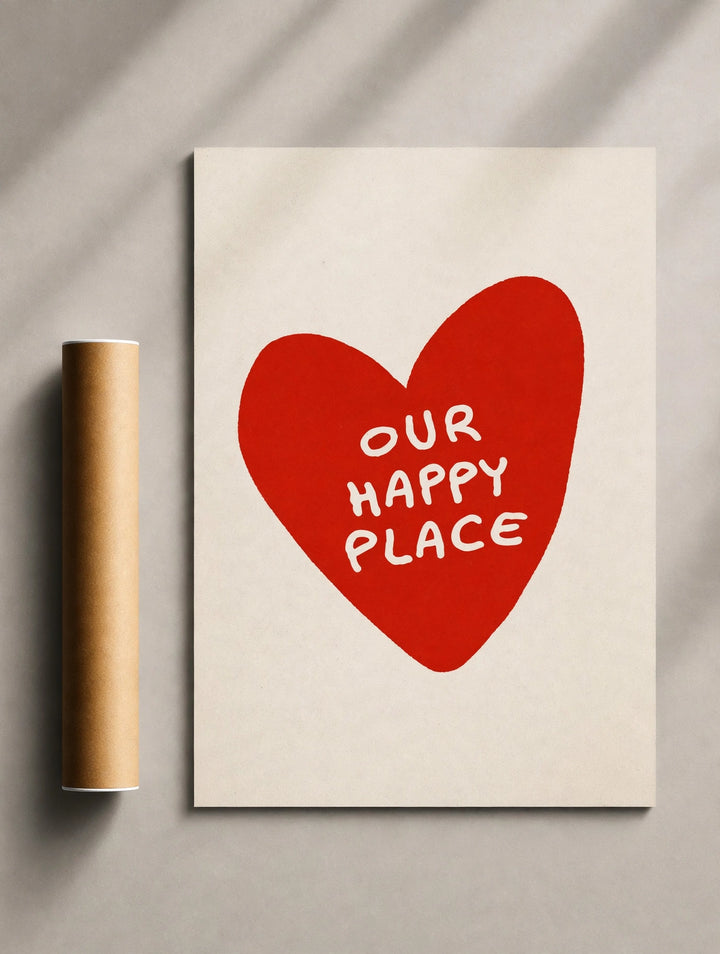 Romantic heart wall art poster with red hearts and white “Our Happy Place” text