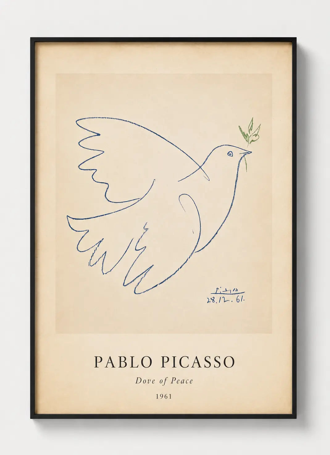 Framed Dove of Peace art print by Pablo Picasso, black frame with blue dove sketch