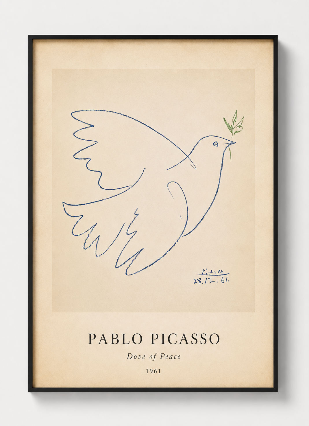 Framed Dove of Peace art print by Pablo Picasso, black frame with blue dove sketch