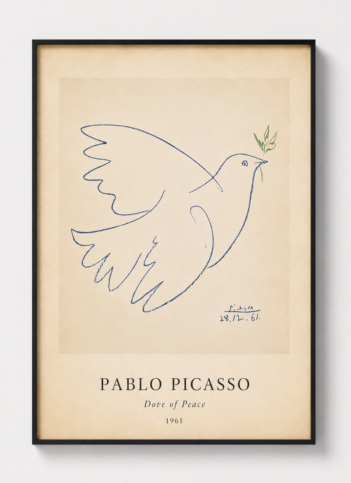 Framed Dove of Peace art print by Pablo Picasso, black frame with blue dove sketch