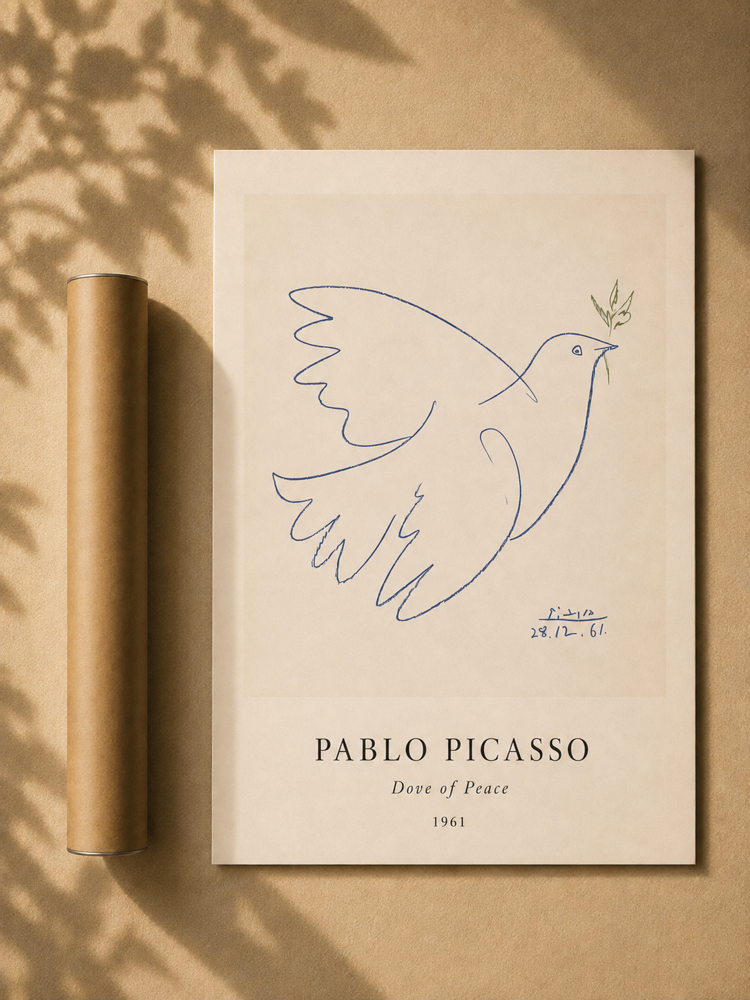 Framed Dove of Peace art print by Pablo Picasso, white frame, blue dove illustration