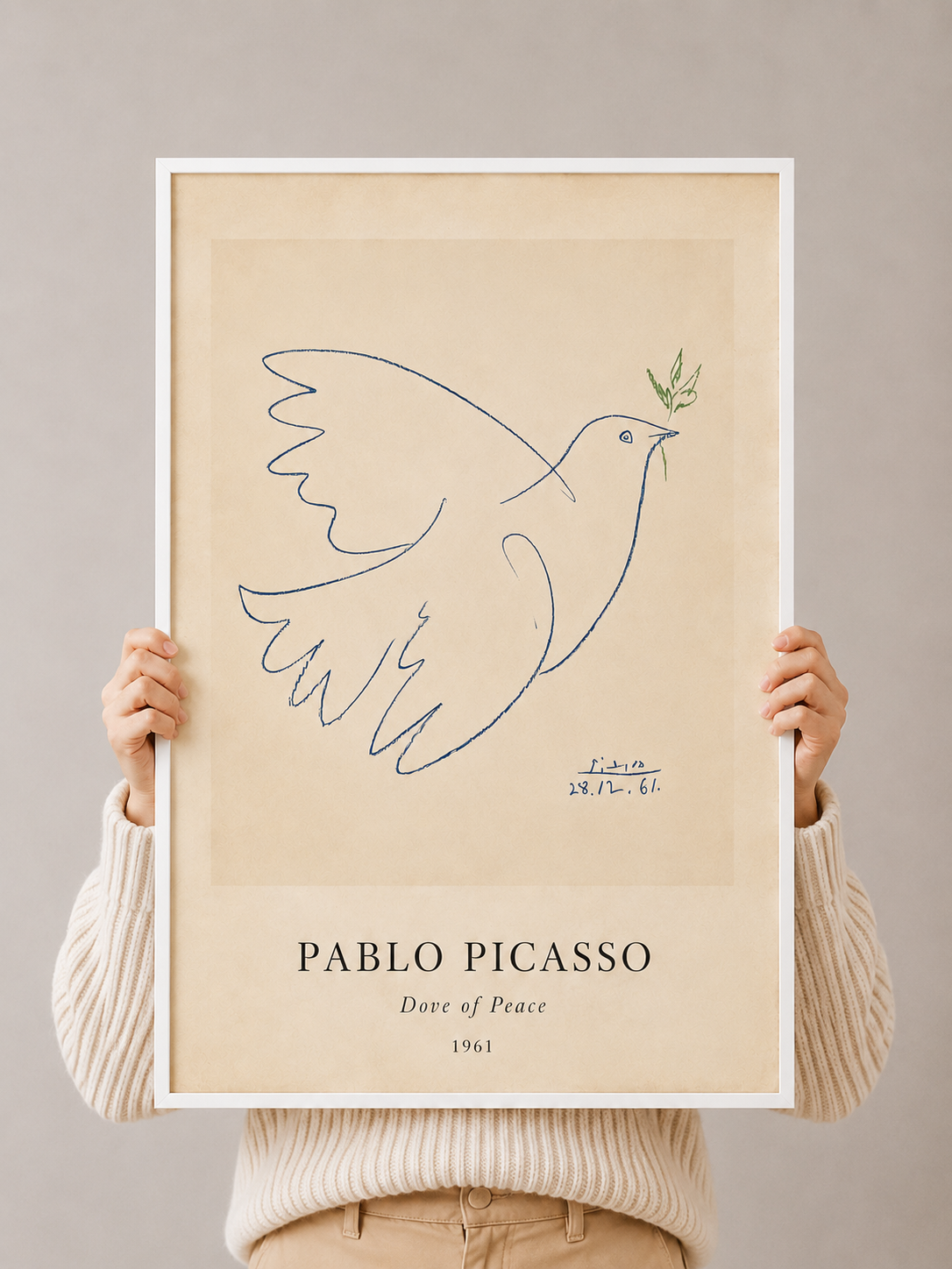 Dove of Peace art print by Pablo Picasso in light wood frame, blue dove illustration