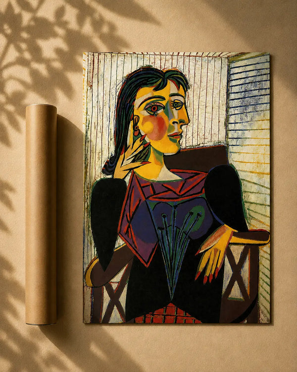 Dora Maar portrait art print with multicolor woman and fan-like motif in front of windows